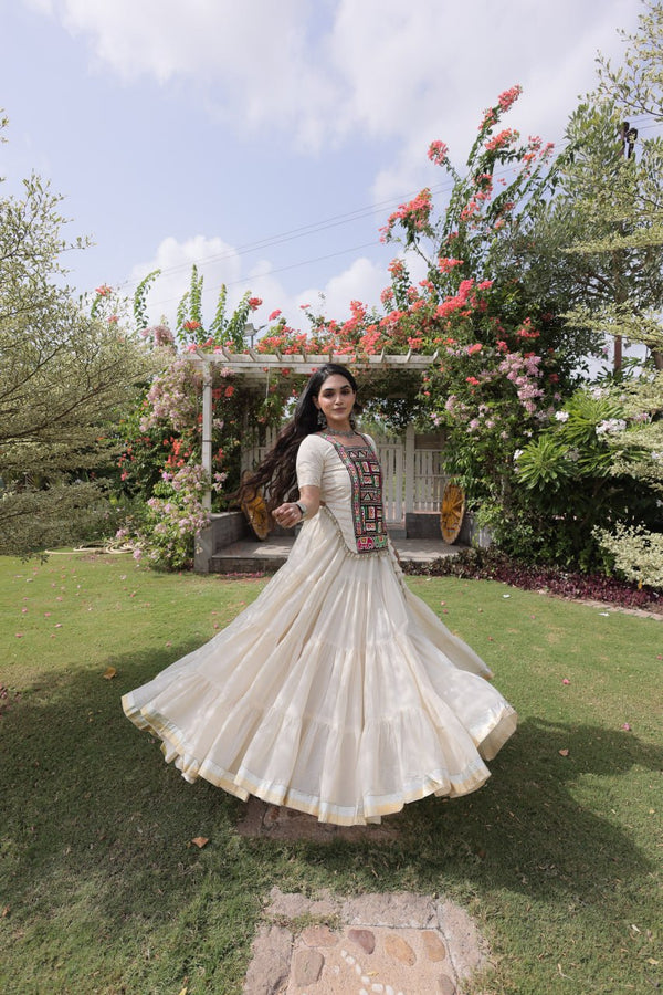 White Kora Cotton Lehenga with Kutchi Work ClothsVilla