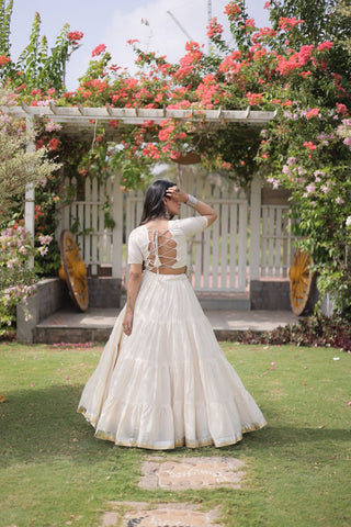 White Kora Cotton Lehenga with Kutchi Work ClothsVilla