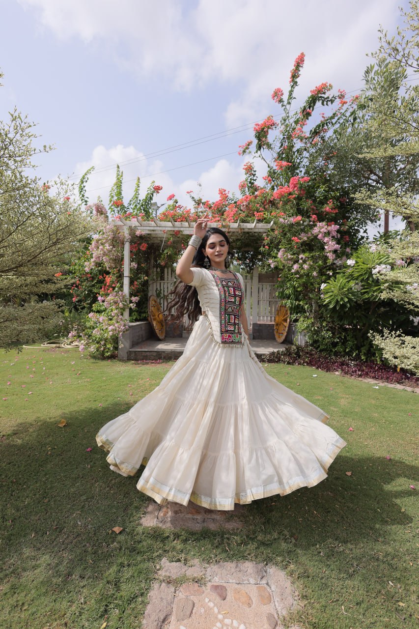 White Kora Cotton Lehenga with Kutchi Work ClothsVilla