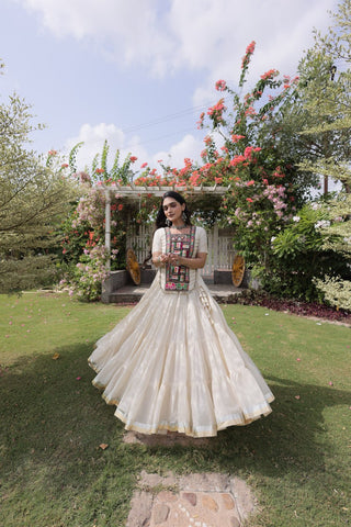 White Kora Cotton Lehenga with Kutchi Work ClothsVilla
