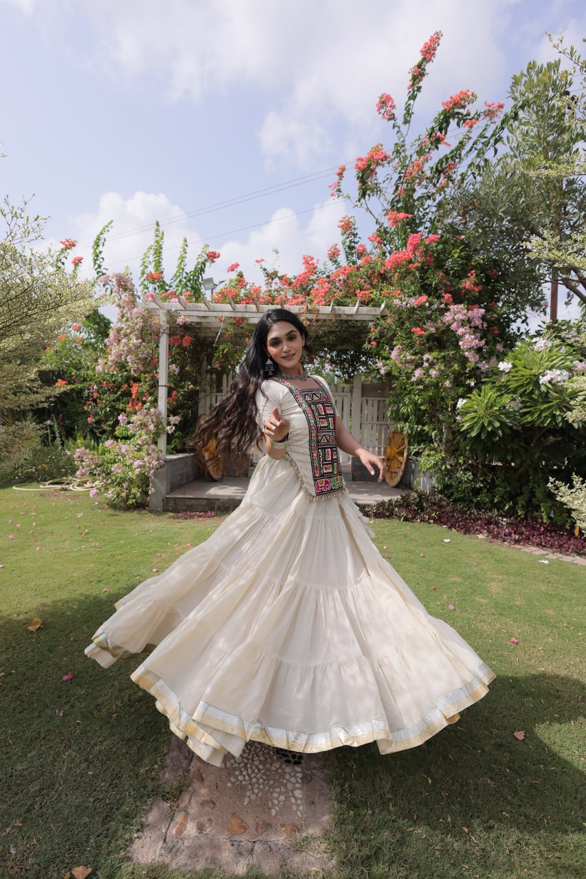 White Kora Cotton Lehenga with Kutchi Work ClothsVilla