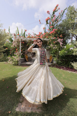 White Kora Cotton Lehenga with Kutchi Work ClothsVilla