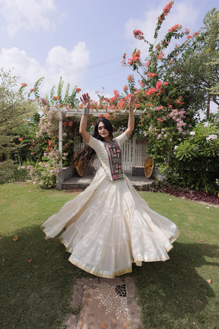 White Kora Cotton Lehenga with Kutchi Work ClothsVilla