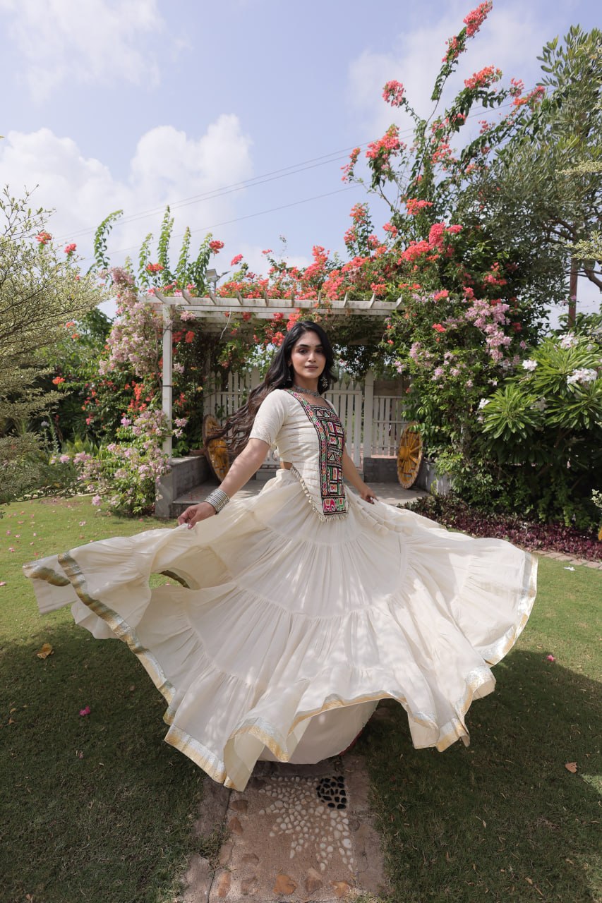 White Kora Cotton Lehenga with Kutchi Work ClothsVilla