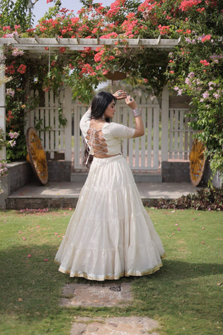White Kora Cotton Lehenga with Kutchi Work ClothsVilla