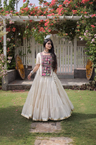 White Kora Cotton Lehenga with Kutchi Work ClothsVilla