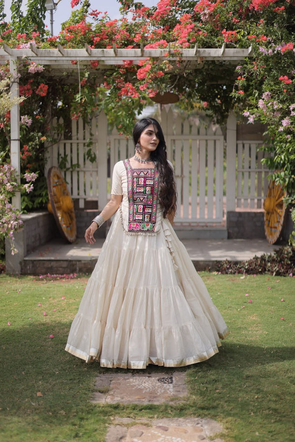 White Kora Cotton Lehenga with Kutchi Work ClothsVilla