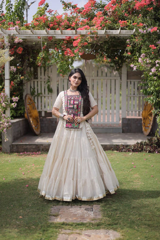 White Kora Cotton Lehenga with Kutchi Work ClothsVilla