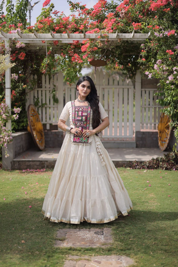 White Kora Cotton Lehenga with Kutchi Work ClothsVilla