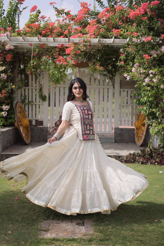 White Kora Cotton Lehenga with Kutchi Work ClothsVilla