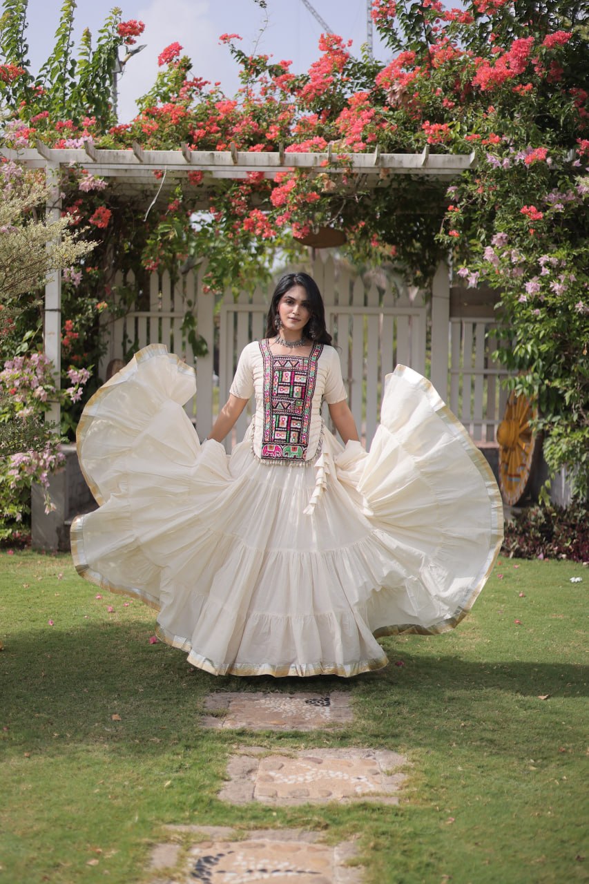 White Kora Cotton Lehenga with Kutchi Work ClothsVilla