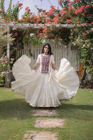 White Kora Cotton Lehenga with Kutchi Work ClothsVilla