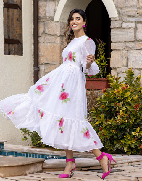 White Kota Checks Digital Print Full Round Flair Kurti with Inner ClothsVilla Main image