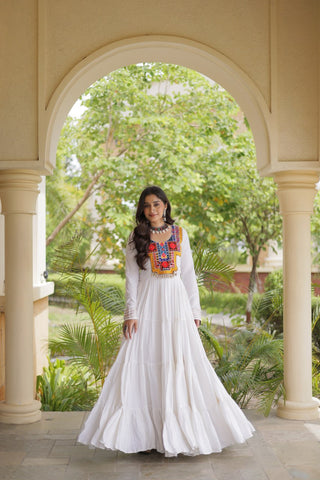 White Kutchi Gamthi Mirror Work Gown ClothsVilla