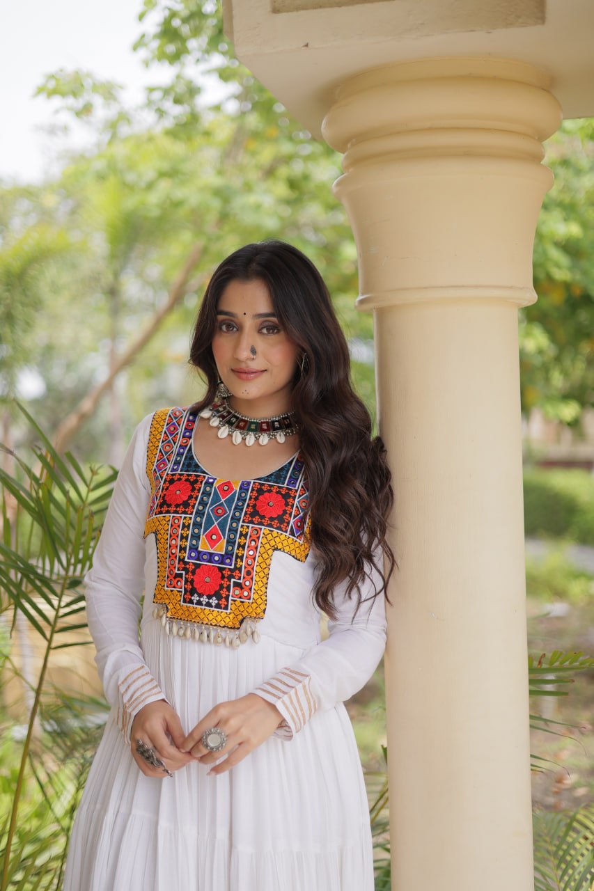 White Kutchi Gamthi Mirror Work Gown ClothsVilla