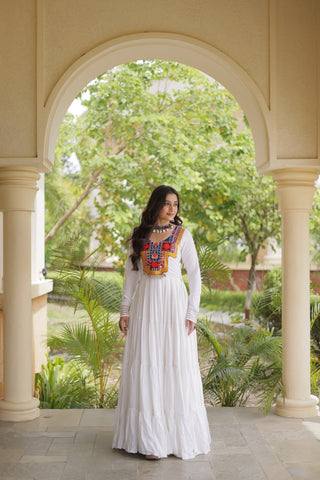 White Kutchi Gamthi Mirror Work Gown ClothsVilla
