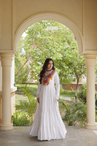 White Kutchi Gamthi Mirror Work Gown ClothsVilla
