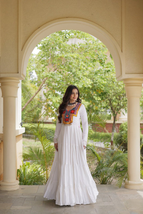 White Kutchi Gamthi Mirror Work Gown ClothsVilla