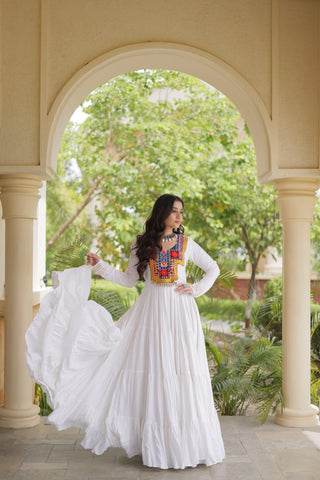 White Kutchi Gamthi Mirror Work Gown ClothsVilla