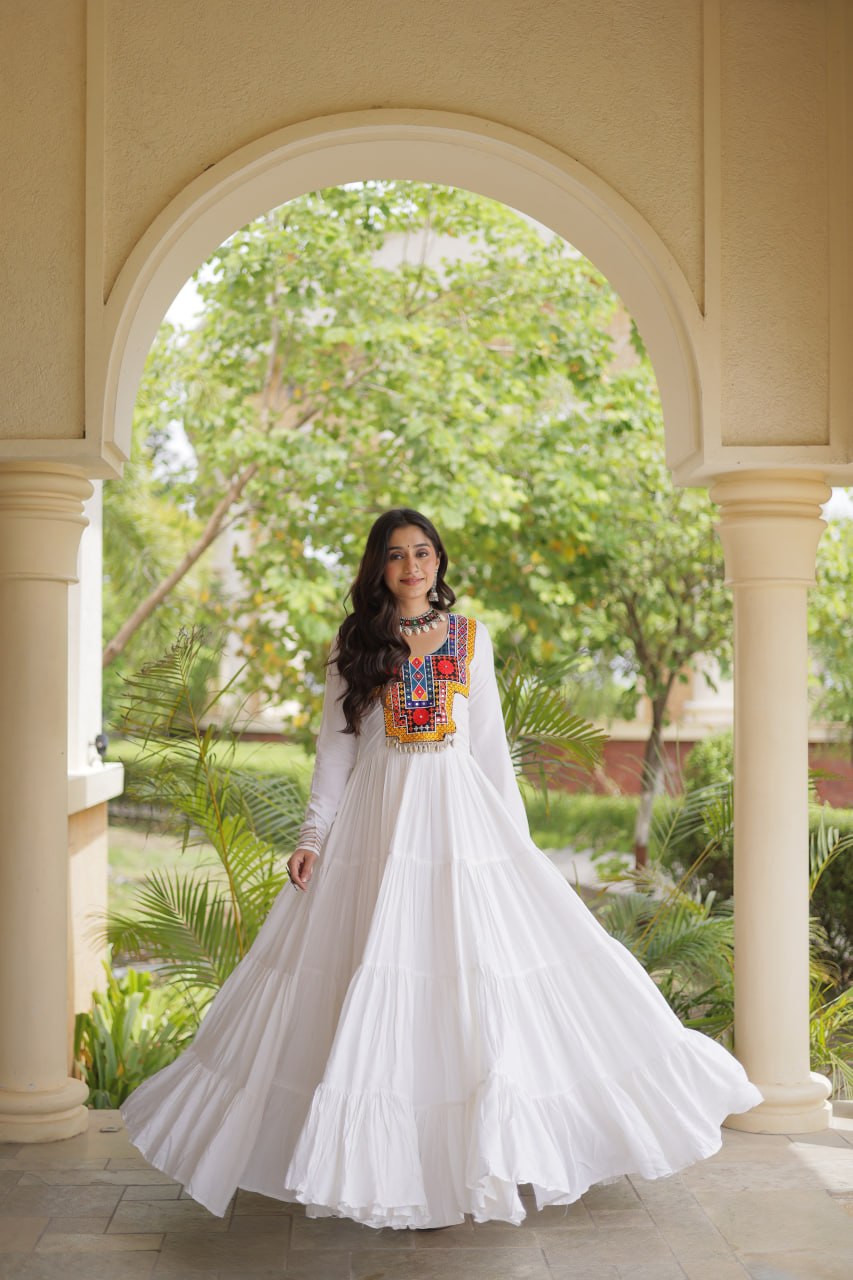 White Kutchi Gamthi Mirror Work Gown ClothsVilla