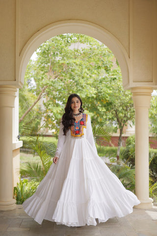 White Kutchi Gamthi Mirror Work Gown ClothsVilla