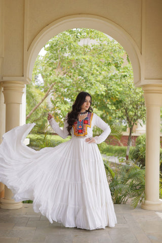 White Kutchi Gamthi Mirror Work Gown ClothsVilla