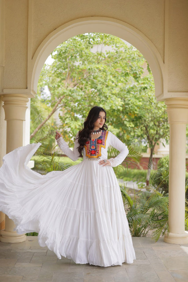 White Kutchi Gamthi Mirror Work Gown ClothsVilla