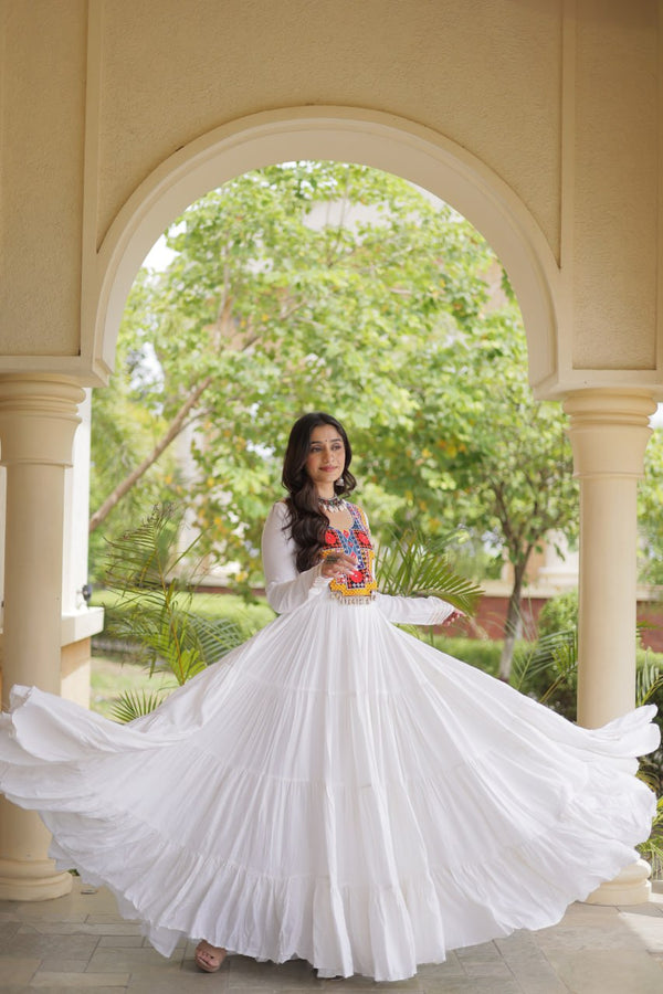 White Kutchi Gamthi Mirror Work Gown ClothsVilla