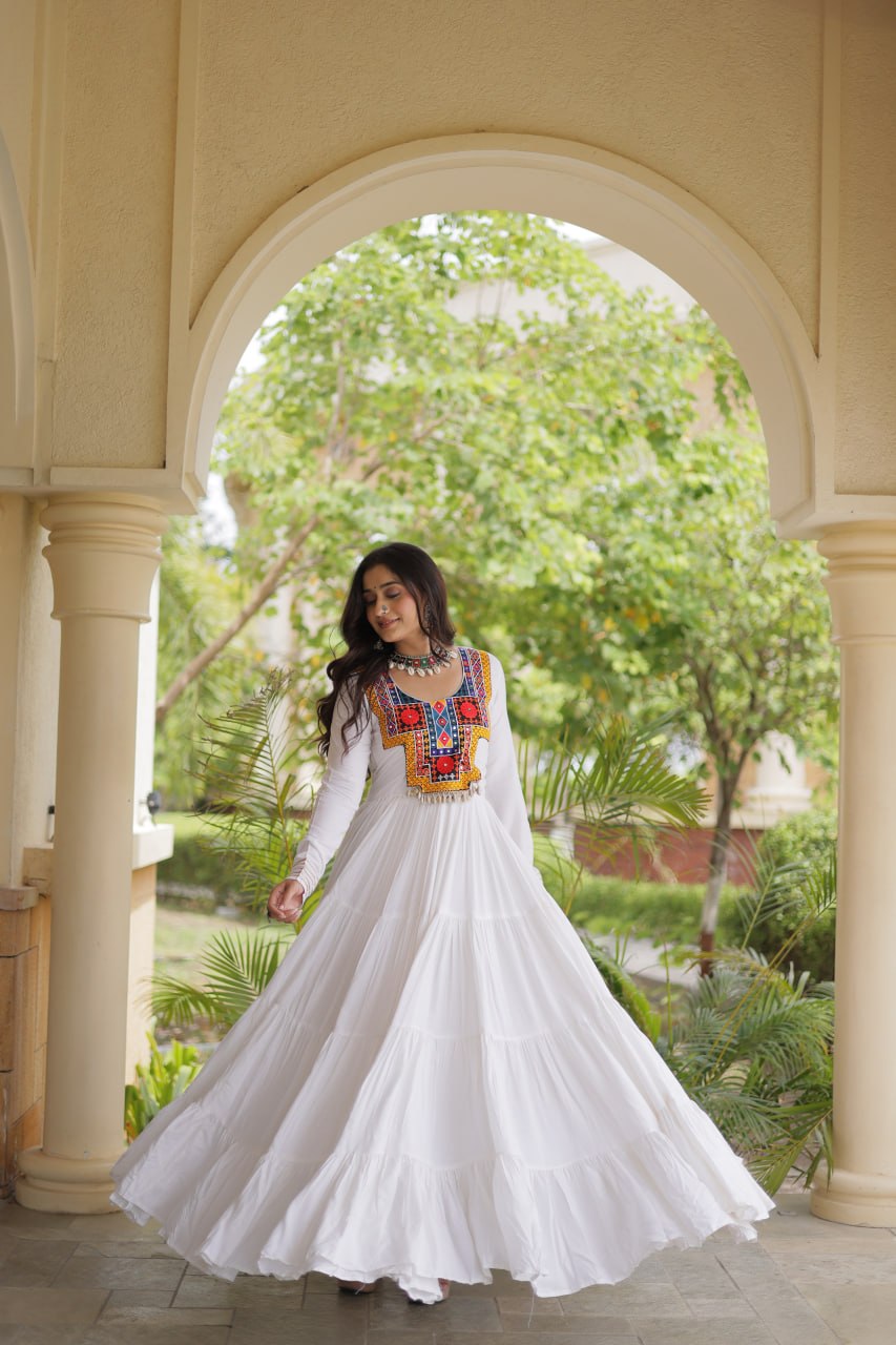 White Kutchi Gamthi Mirror Work Gown ClothsVilla