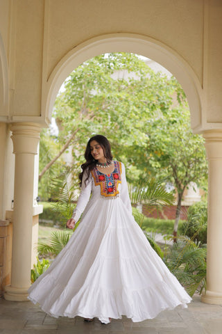 White Kutchi Gamthi Mirror Work Gown ClothsVilla