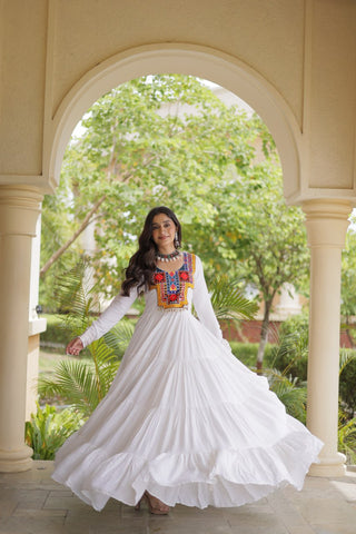 White Kutchi Gamthi Mirror Work Gown ClothsVilla