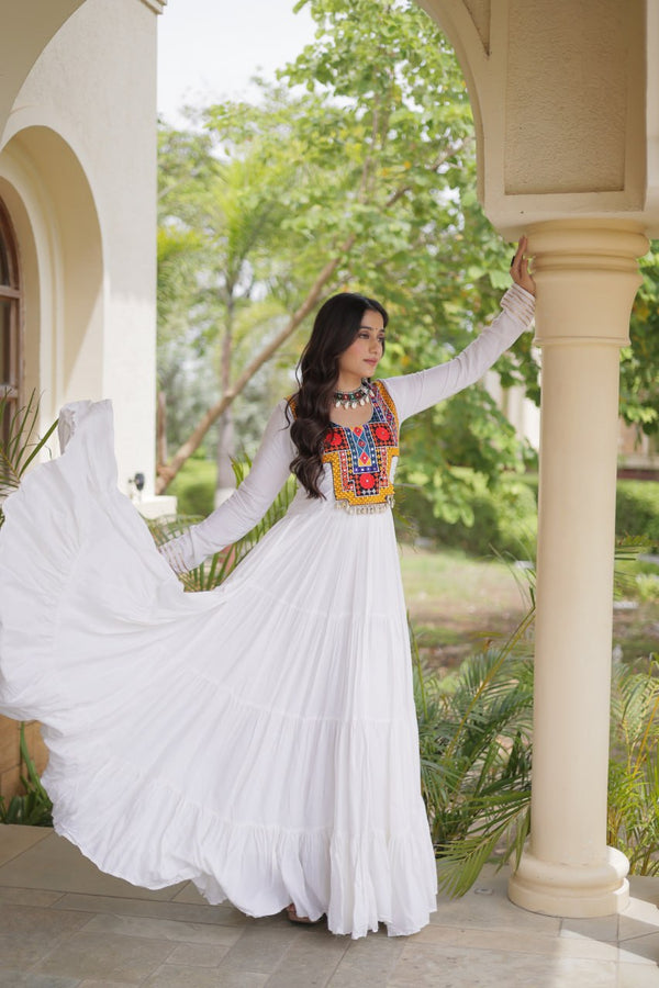 White Kutchi Gamthi Mirror Work Gown ClothsVilla