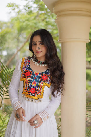 White Kutchi Gamthi Mirror Work Gown ClothsVilla