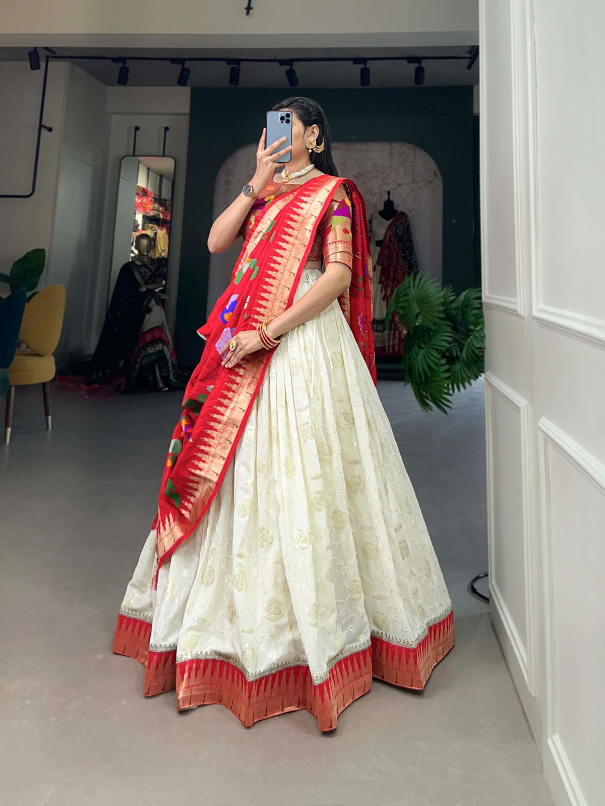 Alluring Festive White Lehenga Choli with Lucknowi Sequin & Paithani Zari Work ClothsVilla