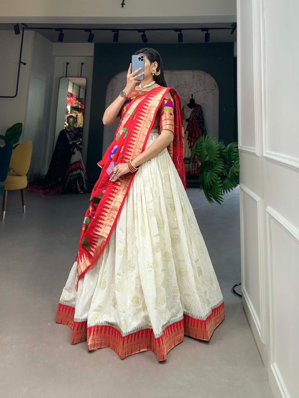Alluring Festive White Lehenga Choli with Lucknowi Sequin & Paithani Zari Work ClothsVilla