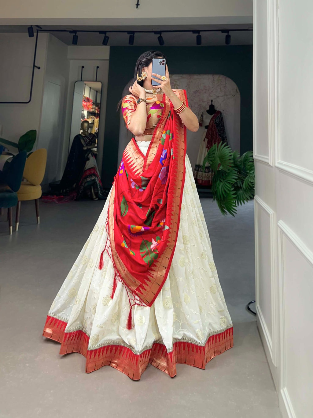 Alluring Festive White Lehenga Choli with Lucknowi Sequin & Paithani Zari Work ClothsVilla