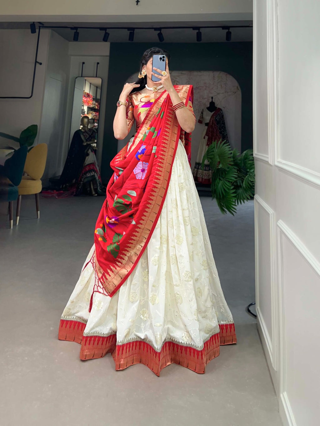 Alluring Festive White Lehenga Choli with Lucknowi Sequin & Paithani Zari Work ClothsVilla