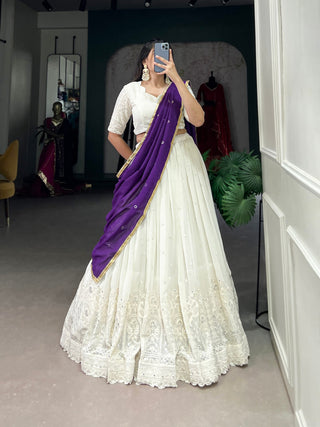 White Lucknowi Elegance Stitched Georgette Lehenga Set with Paper Mirror Work