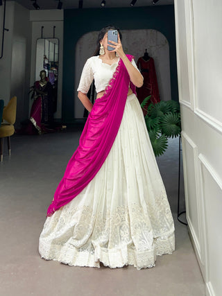 White Lucknowi Elegance Stitched Georgette Lehenga Set with Paper Mirror Work