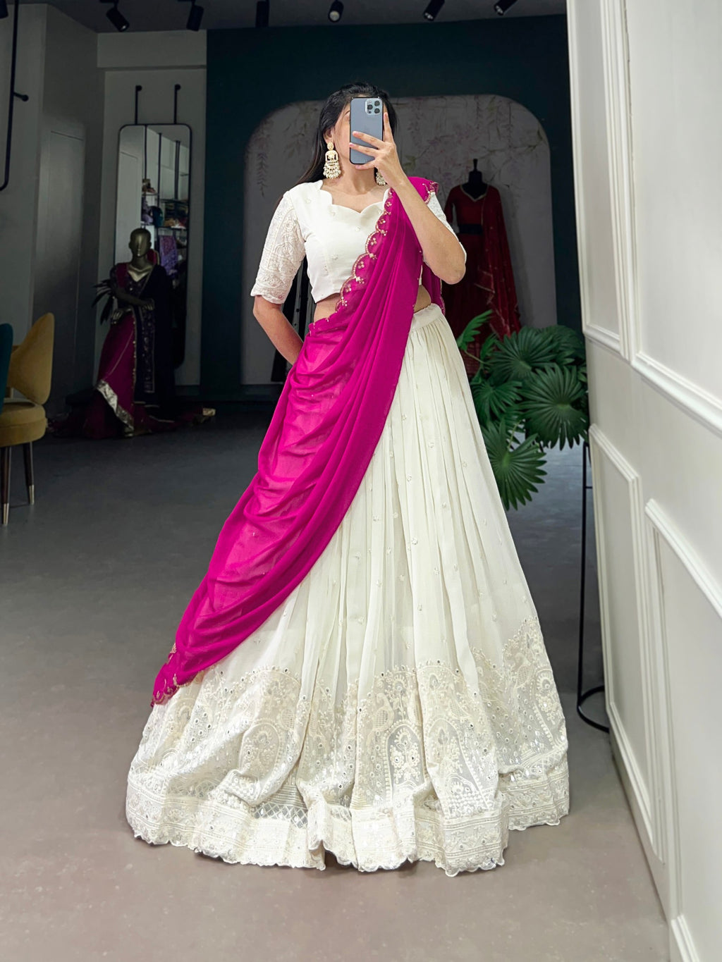White Lucknowi Elegance Stitched Georgette Lehenga Set with Paper Mirror Work