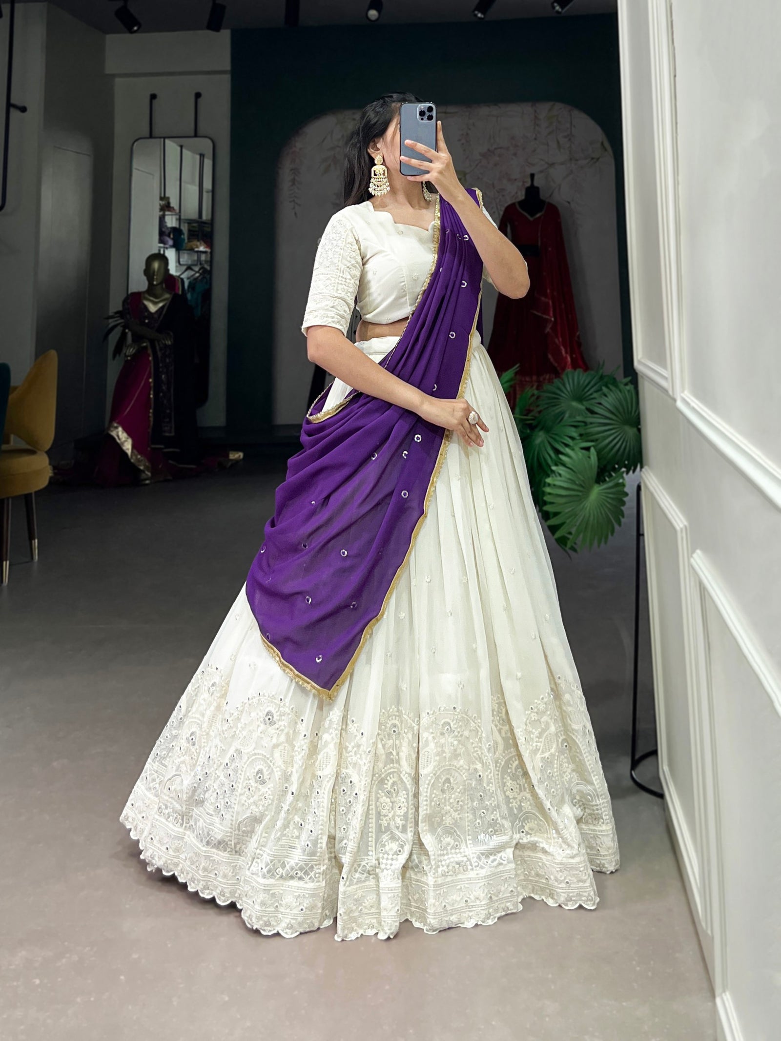 White Lucknowi Elegance Stitched Georgette Lehenga Set with Paper Mirror Work