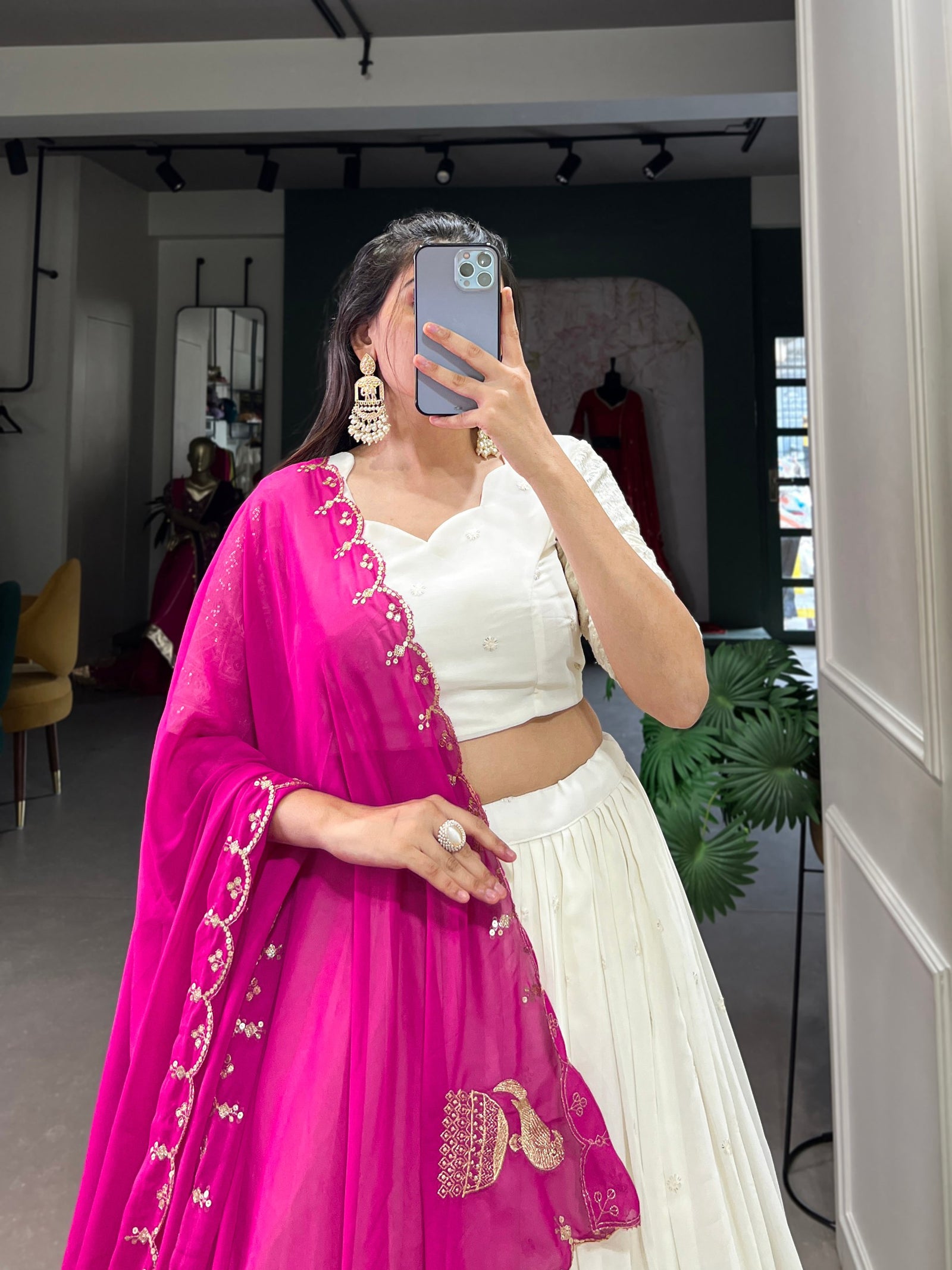White Lucknowi Elegance Stitched Georgette Lehenga Set with Paper Mirror Work