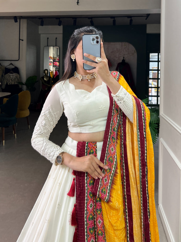 White Lucknowi Paper Mirror Work Lehenga Choli ClothsVilla