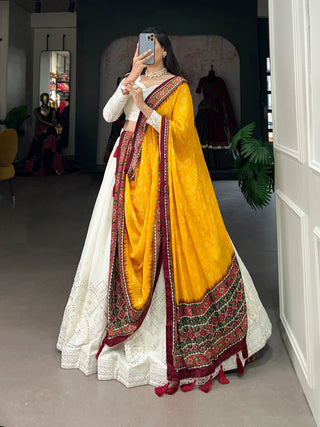 White Lucknowi Paper Mirror Work Lehenga Choli ClothsVilla