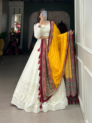 White Lucknowi Paper Mirror Work Lehenga Choli ClothsVilla