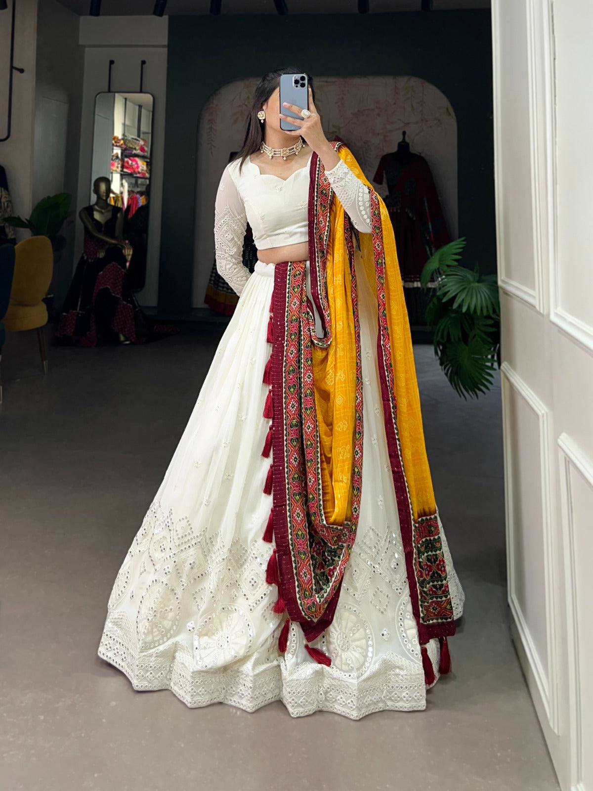 White Lucknowi Paper Mirror Work Lehenga Choli ClothsVilla