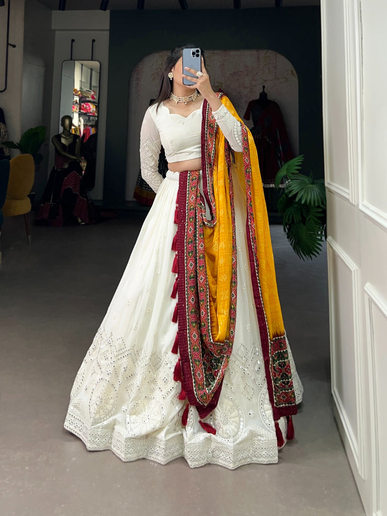 White Lucknowi Paper Mirror Work Lehenga Choli
