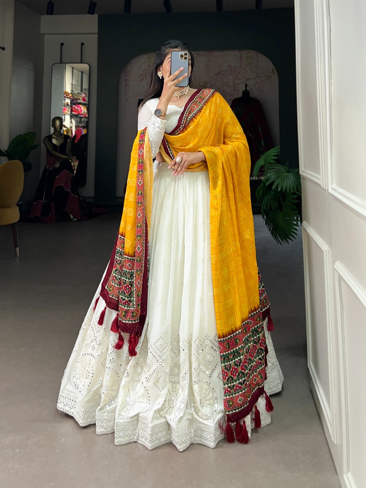White Lucknowi Paper Mirror Work Lehenga Choli ClothsVilla