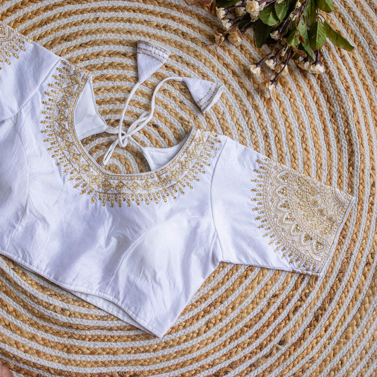 White Luxurious Lucknowi Silk Blouse with Golden Embroidery and Sequins ClothsVilla Main image