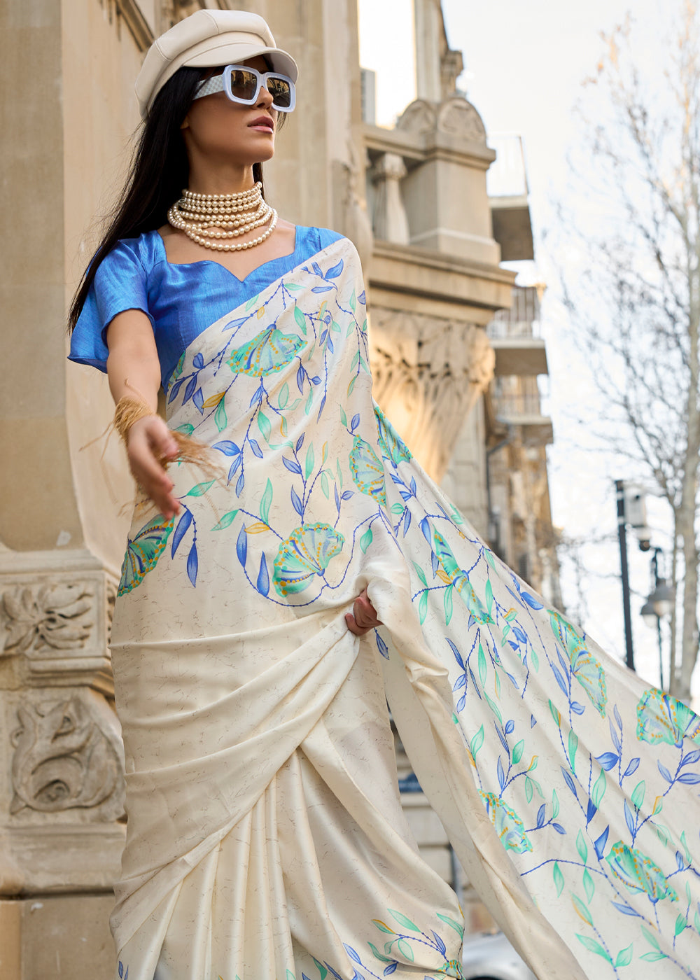 White Luxurious Satin Crepe Saree – Elegance with a Graceful Drape ClothsVilla
